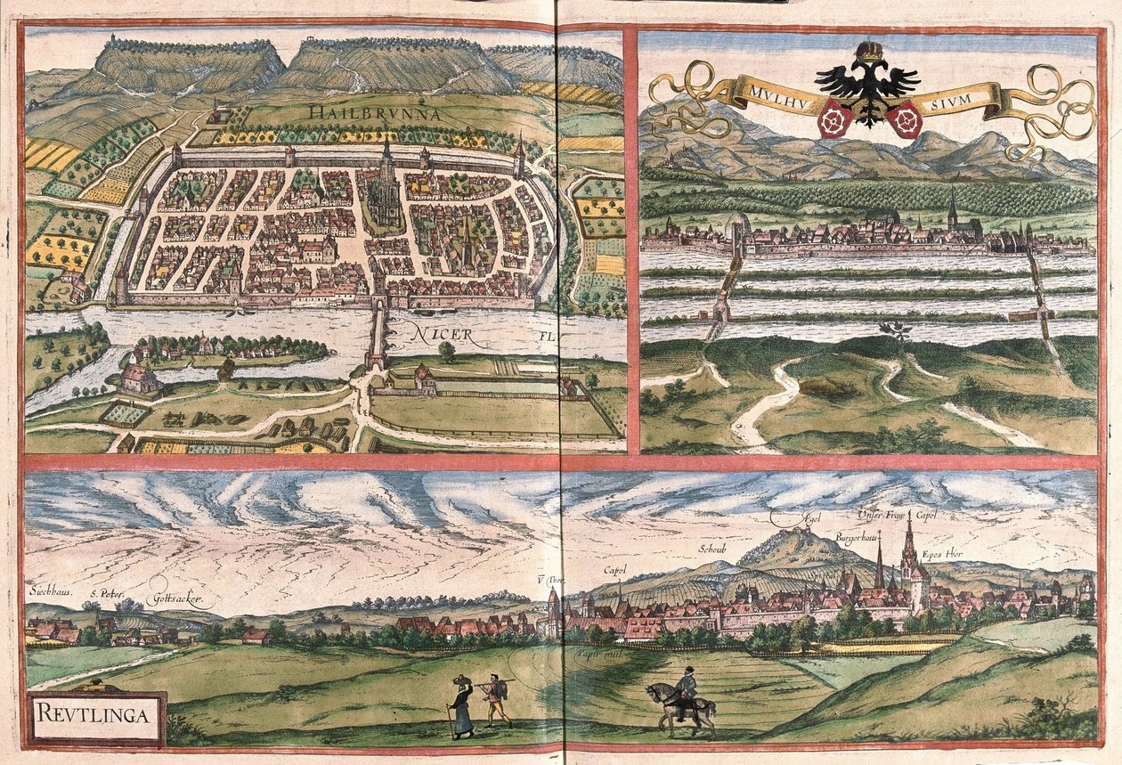 Heilbronn (Duitsland), Mulhouse (Frankrijk) en Reutlingen (Duitsland) (ets) door Georg Braun and Hogenberg Franz