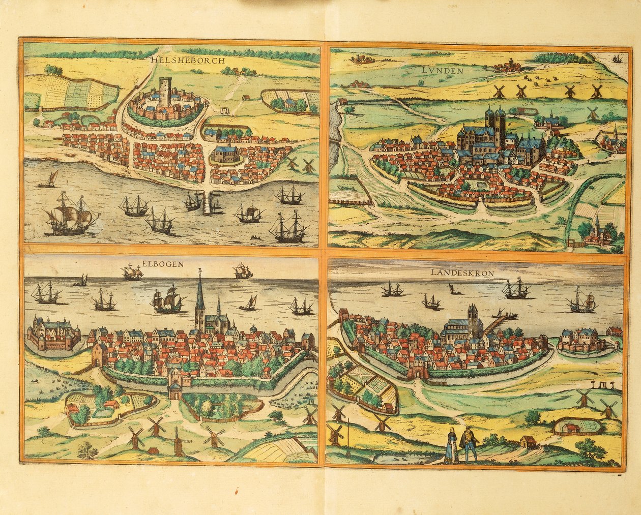 Helsingborg, Lund, Malmö, Elbogen en Landskrona, uit Civitates Orbis Terrarum, Keulen door Georg Braun and Hogenberg Franz