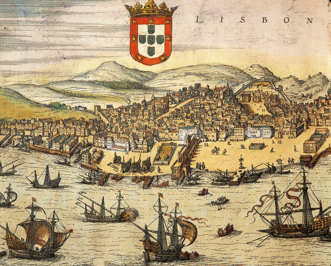 Kaart van de stad Lissabon, uit Civitates Orbis Terrarum door Georg Braun en Franz Hogenberg, gravure door Georg Braun and Hogenberg Franz