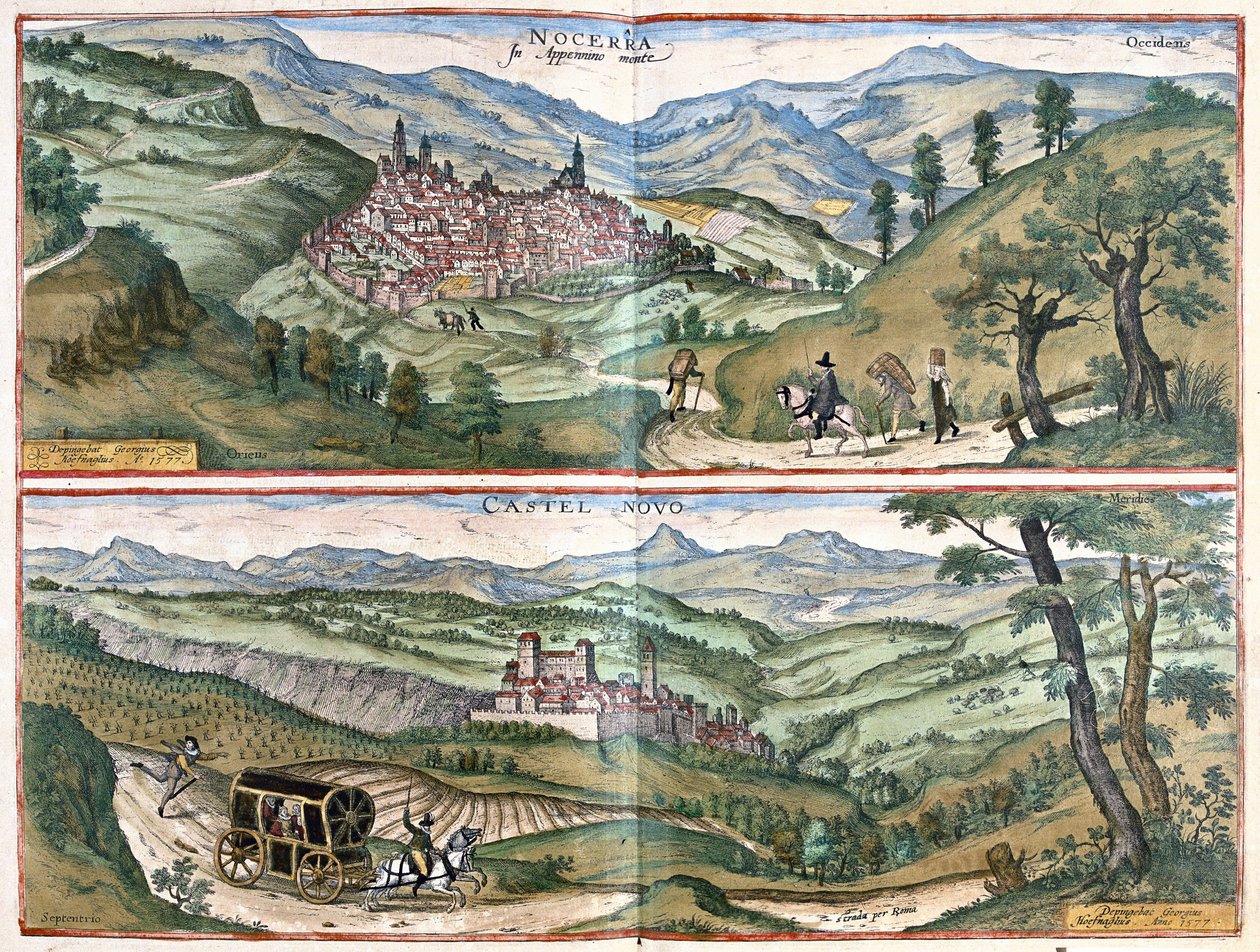Nocera Umbra (provincie Perugia) en Castelnuovo di Porto (regio Rome), Italië door Georg Braun and Hogenberg Franz