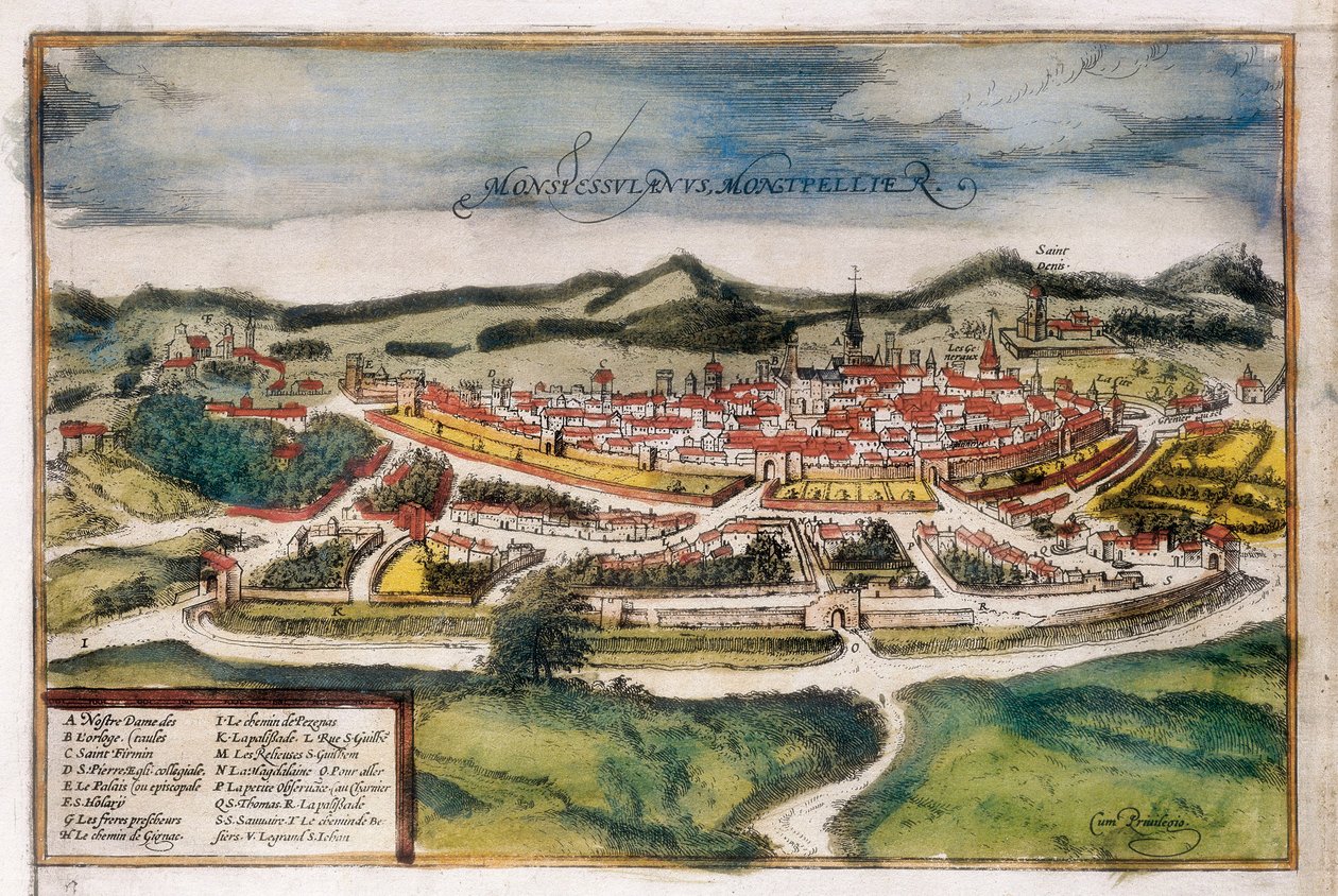 Plattegrond van de stad Montpellier door Georg Braun and Hogenberg Franz
