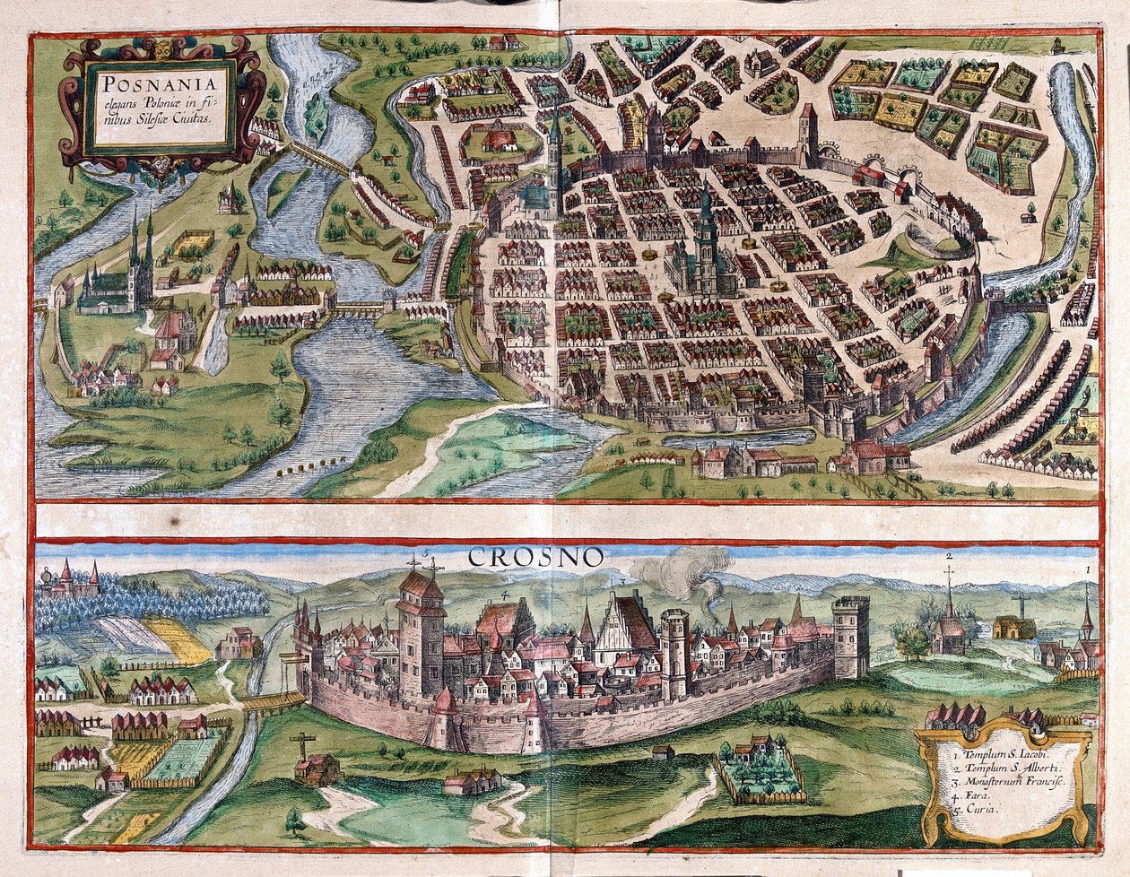 Poznan en Krosno, Polen (ets) door Georg Braun and Hogenberg Franz