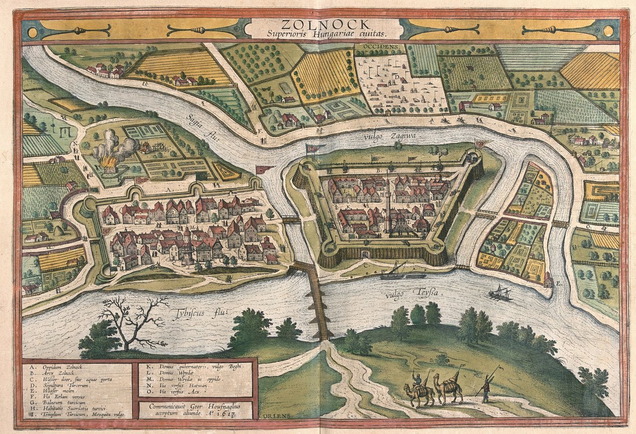 Szolnok, Hongarije door Georg Braun and Hogenberg Franz