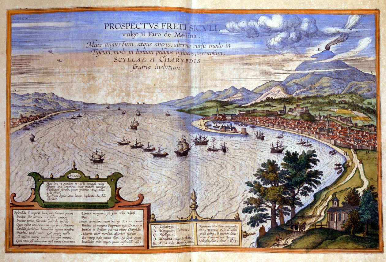 De Straat van Messina - Calabrië is links terwijl Messina en Etna rechts in Sicilië zijn. Atlas van Braun en Hogenberg door Georg Braun and Hogenberg Franz