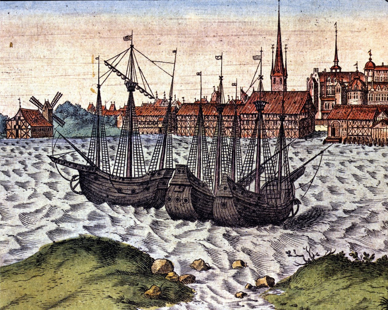 De haven van Lubeck na de Theatrum Orbis Terrarum van Braun en Hogenberg. 17e eeuw door Georg Braun and Hogenberg Franz