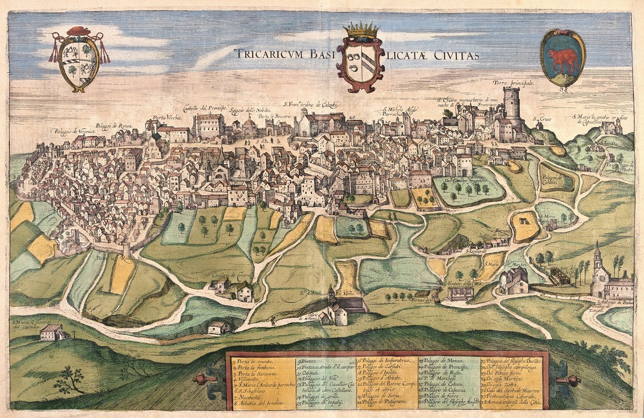 Tricario, regio Basilicata, Italië (gravure) door Georg Braun and Hogenberg Franz