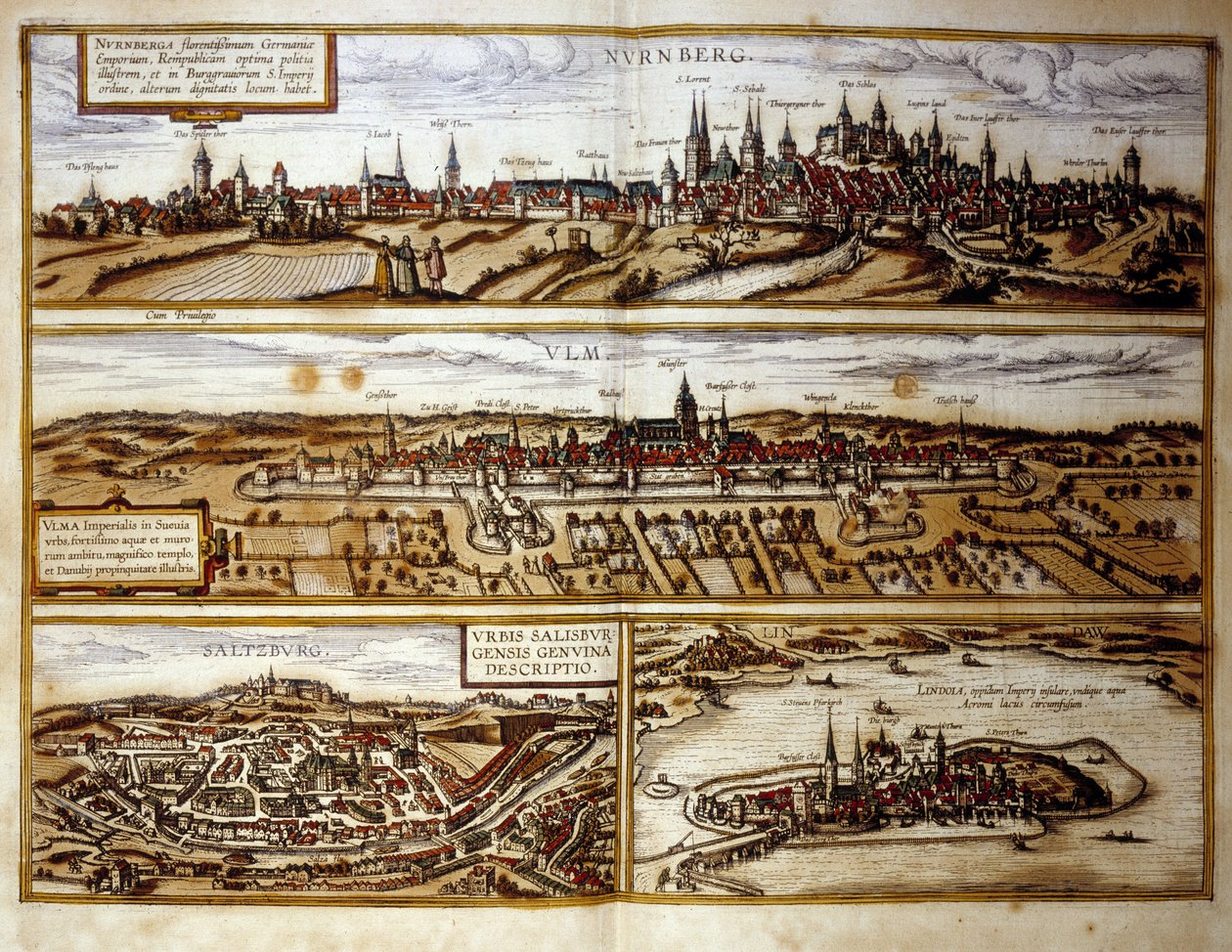 Uitzicht op de Duitse steden Neurenberg en Ulm, Salzburg, Oostenrijk. Gravure uit de Atlas van 