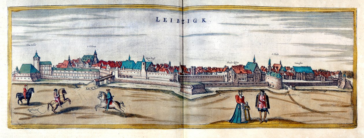 Gezicht op de stad Leipzig in Duitsland. Gravure uit de Atlas van 