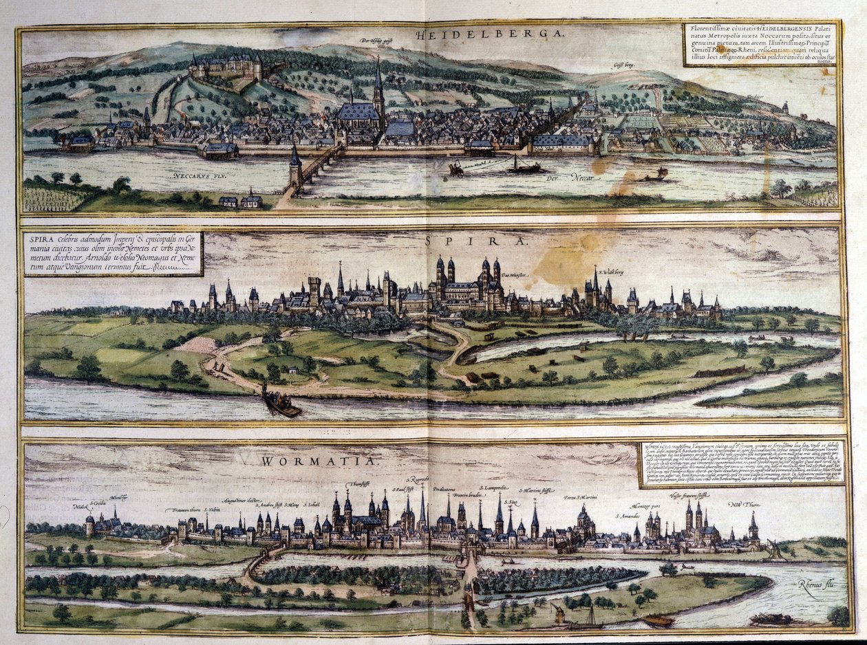 Zichten op drie steden in Duitsland: Heidelberg, Spire, Worms (Atlas van Braun en Hogenberg, 1550) door Georg Braun and Hogenberg Franz