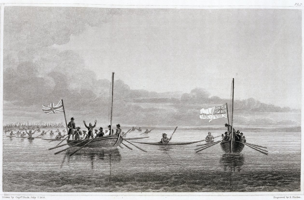 Eskimaux die naar de boten komen in Shoalwater Bay, 7 juli 1826, uit 
