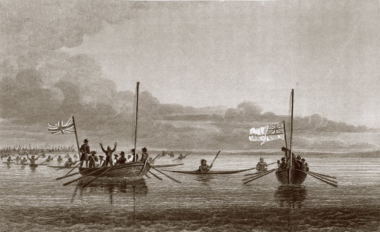 Eskimaux die naar de boten komen in Shoalwater Bay, 7 juli 1826, uit 