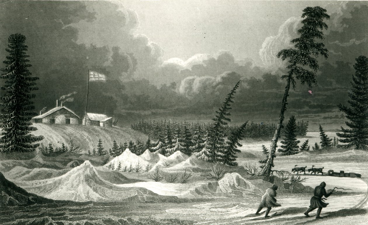 Winterzicht op Fort Franklin, gegraveerd door Edward Francis Finden (1791-1857) mei 1828 door George Back