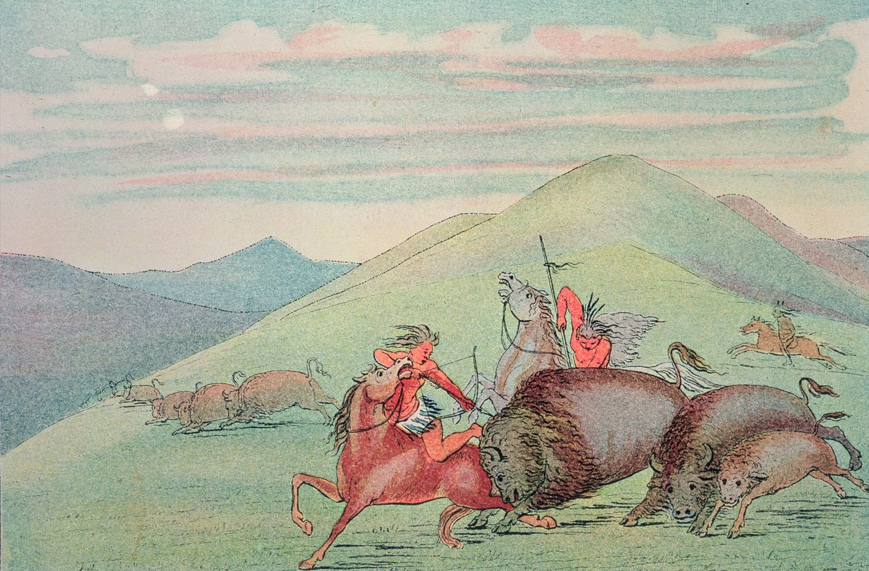 Buffelstier beschermt kalf en moeder onder aanval door George Catlin