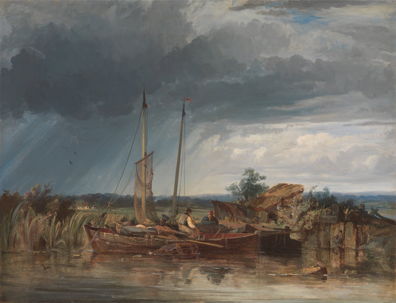 Twee vissersboten aan de oevers van binnenwateren door George the Elder Chambers