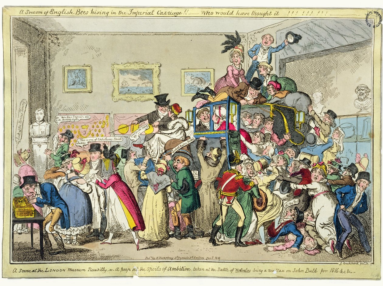 Een Zwerm Engelse Bijen in de Keizerlijke Koets!! - Wie Had Dat Gedacht!! Een Scène in het London Museum, Piccadilly, of Een Glimp van de Buit van Ambitie genomen bij de Slag van Waterloo door George Cruikshank