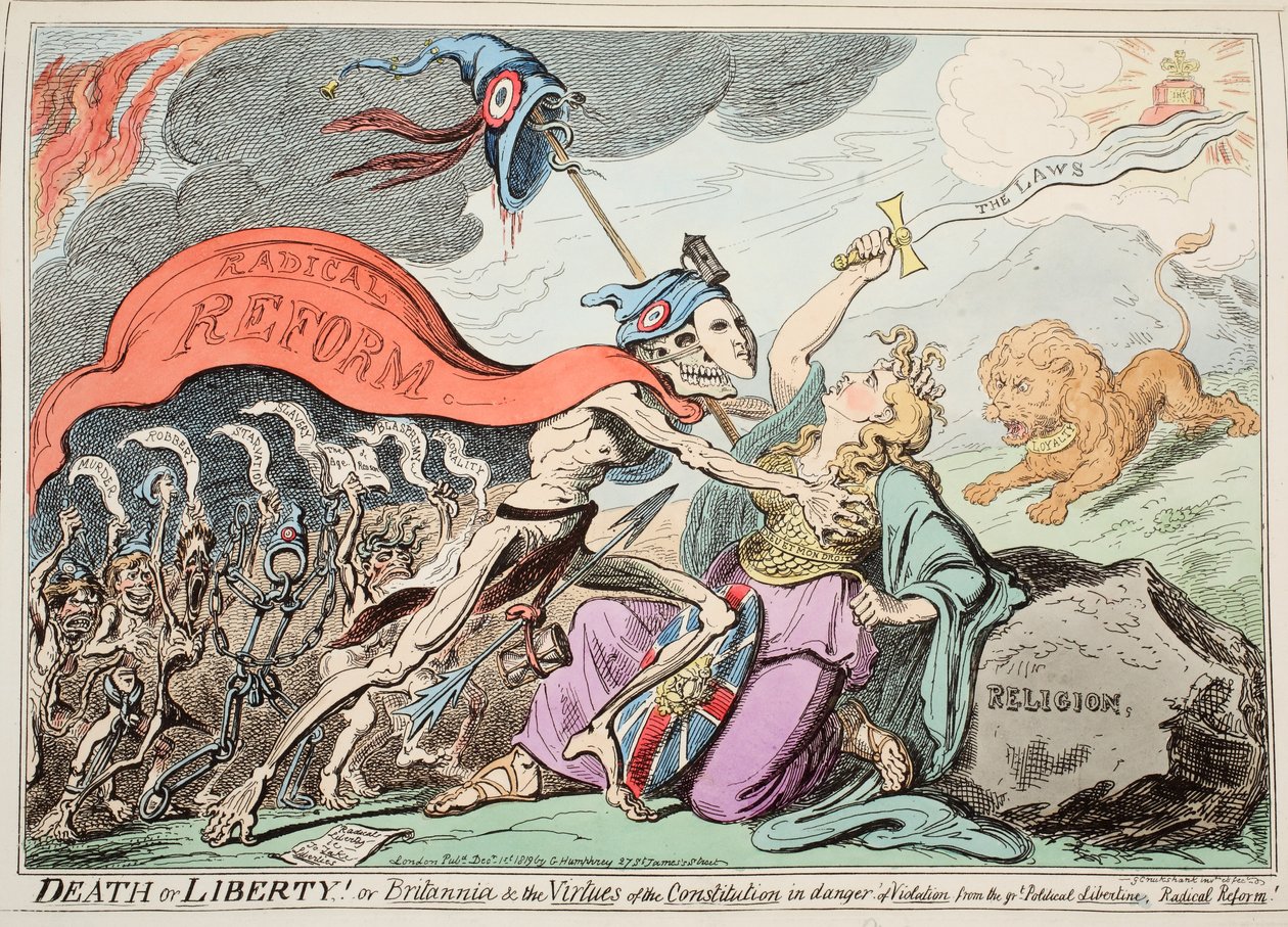 Dood of Vrijheid! Of Britannia en de Deugden van de Grondwet in gevaar van Schending door de Grote Politieke Libertijn, Radicale Hervorming!, pub. 1819 door George Cruikshank