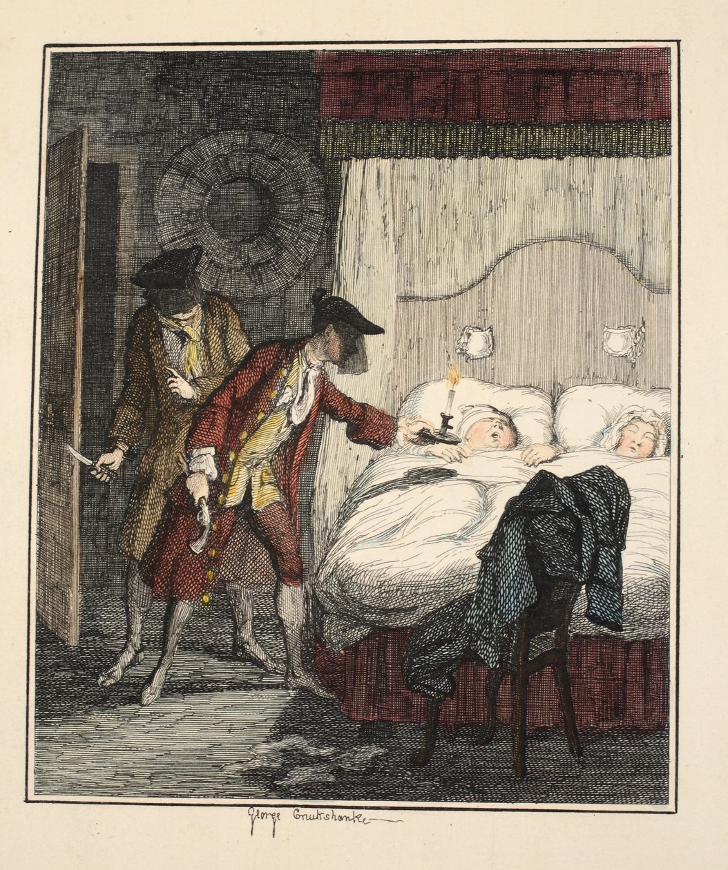 Jack Sheppard & Blueskin in de slaapkamer van Mr. Wood, illustratie uit Jack Sheppard: A Romance door William Harrison Ainsworth, uitgegeven 1839 door George Cruikshank