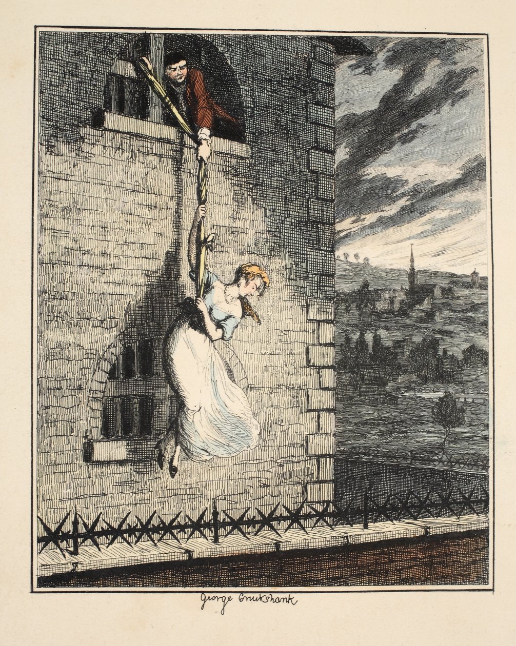 Jack Sheppard in gezelschap van Edgeworth Bess, ontsnapt uit de gevangenis van Clerkenwell, illustratie uit Jack Sheppard: A Romance door William Harrison Ainsworth, uitgegeven 1839 door George Cruikshank