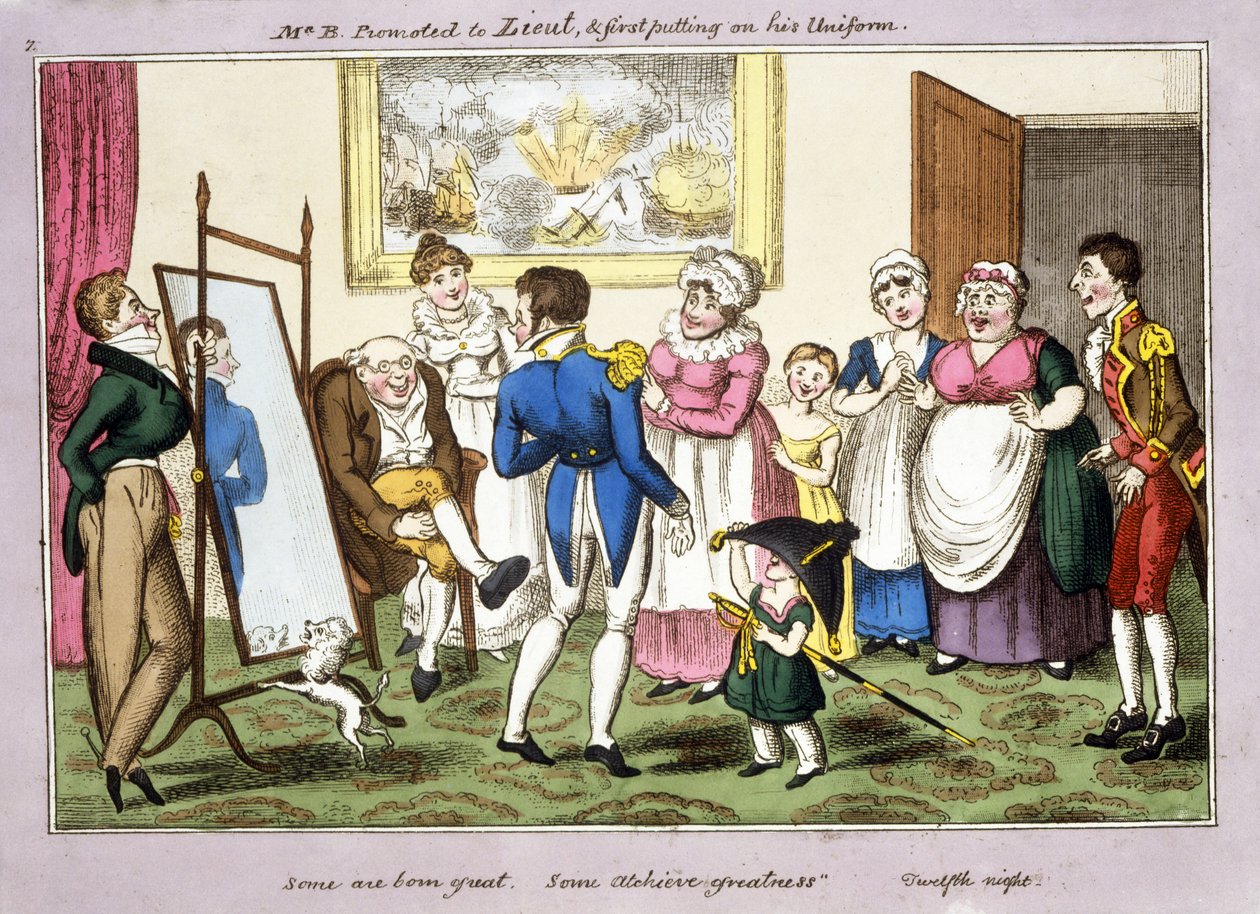 Mr B. gepromoveerd tot Luitenant en voor het eerst zijn uniform aantrekkend, 1835 door George Cruikshank