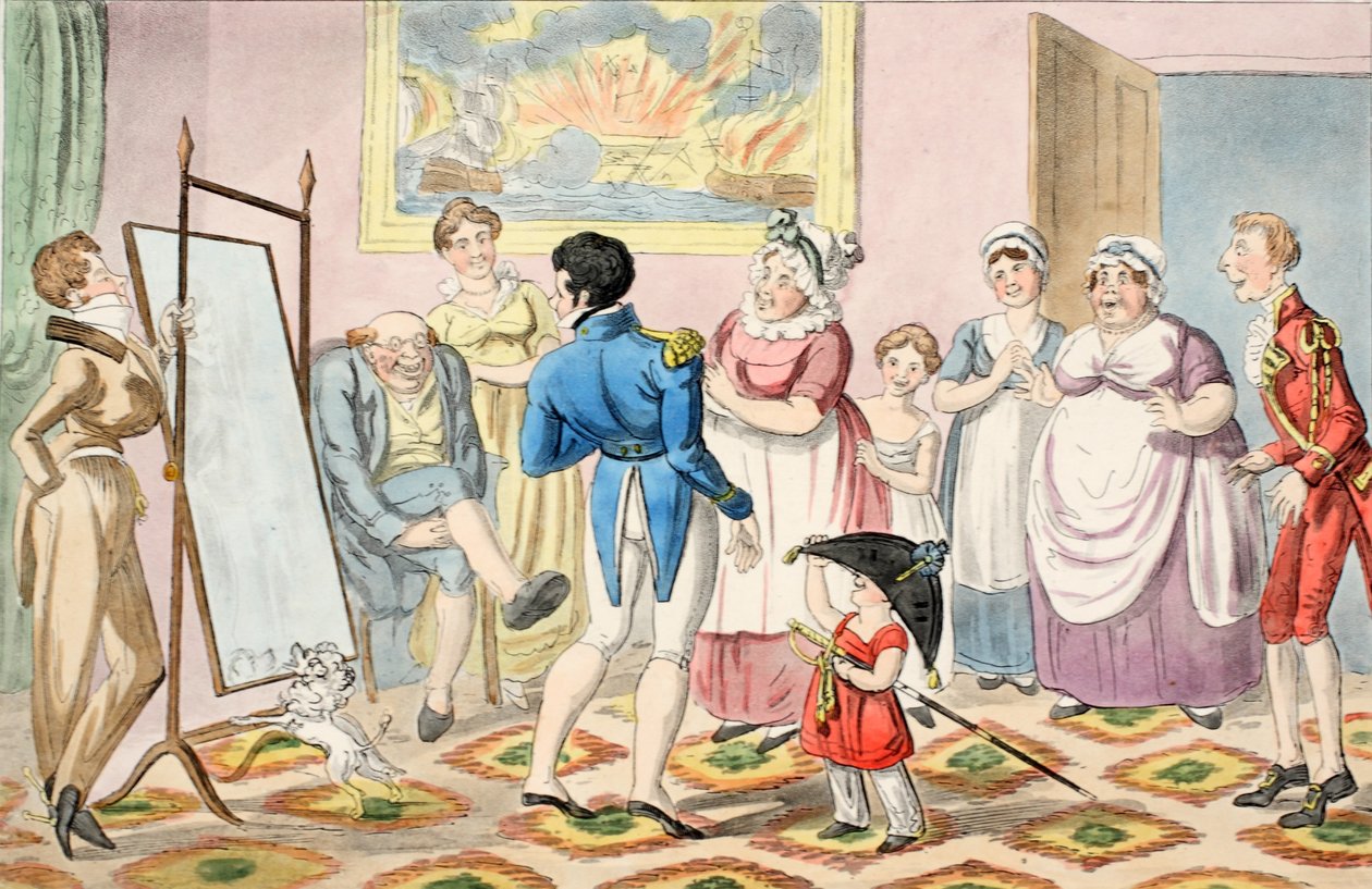Mr. B bevorderd tot luitenant en voor het eerst zijn uniform aantrekken, uit The Progress of a Midshipman, uitgegeven 1835 door George Cruikshank
