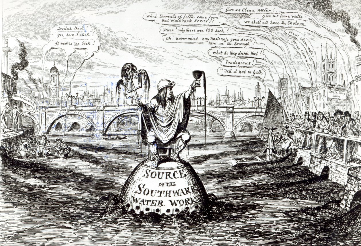 Satirische cartoon over de Southwark Water Company, 1832 door George Cruikshank
