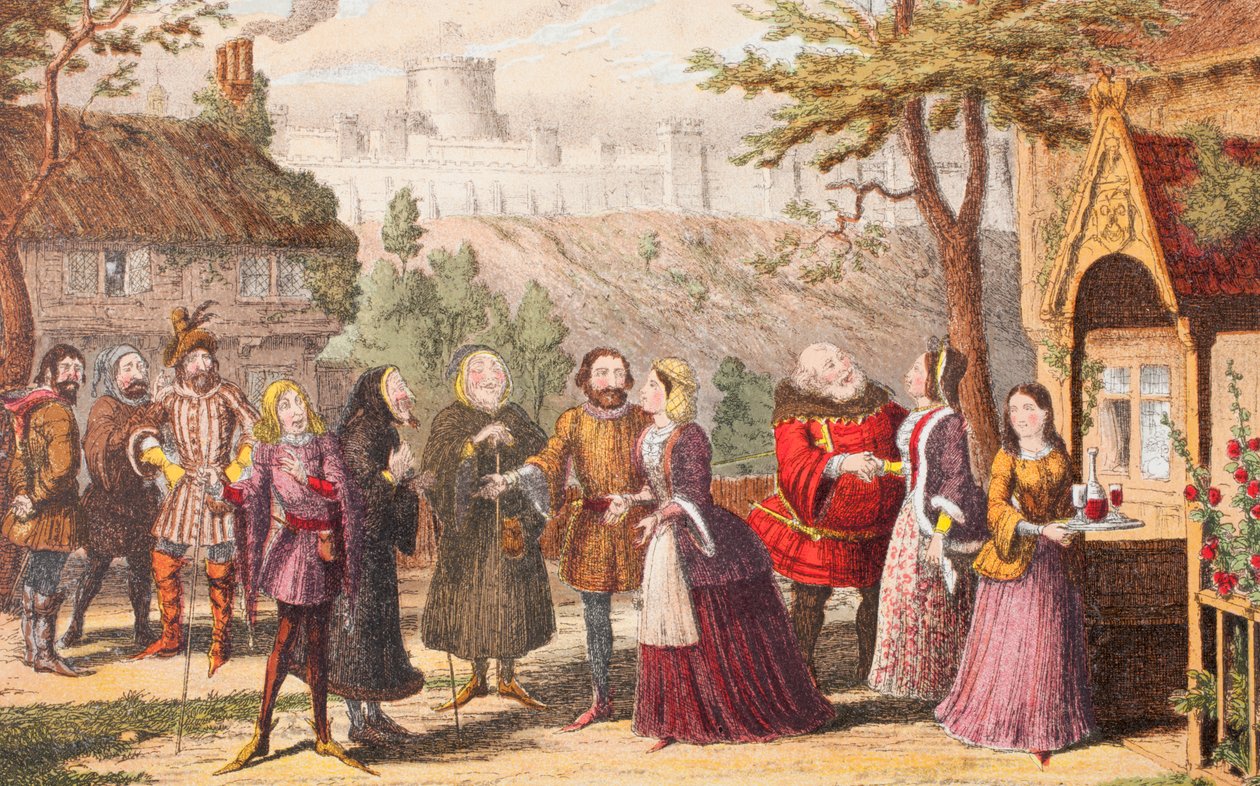 Sir John Falstaff op bezoek bij zijn vriend Page in Windsor, illustratie uit The Merry Wives of Windsor, uit 