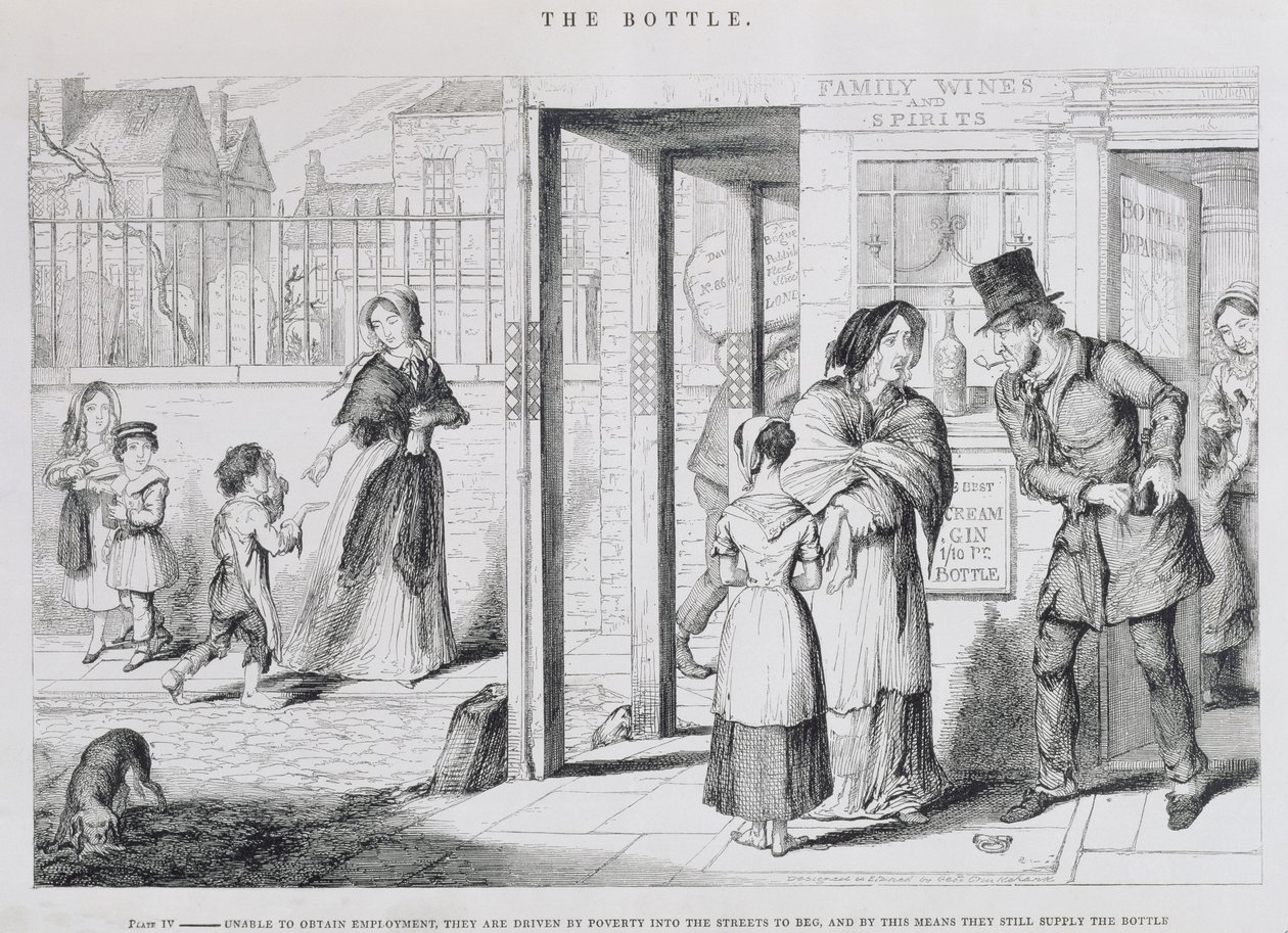 De Fles, Plaat IV, Niet in staat om werk te vinden, worden ze door armoede gedwongen om op straat te bedelen, en op deze manier blijven ze de fles vullen, 1847 door George Cruikshank