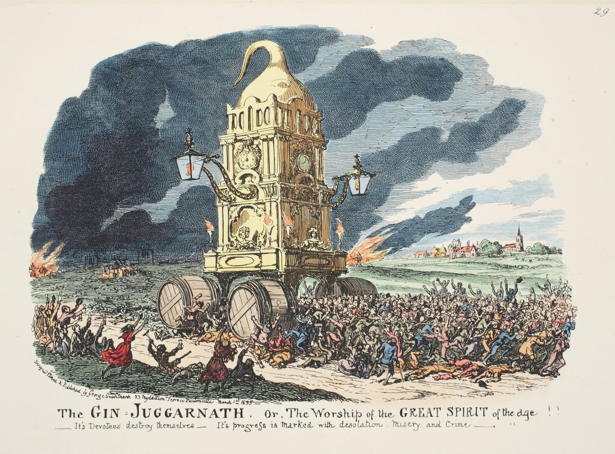 De Gin Juggarnath of de aanbidding van de Grote Geest van de Eeuw!! - Zijn volgelingen vernietigen zichzelf - Zijn vooruitgang wordt gekenmerkt door verwoesting, ellende en misdaad door George Cruikshank