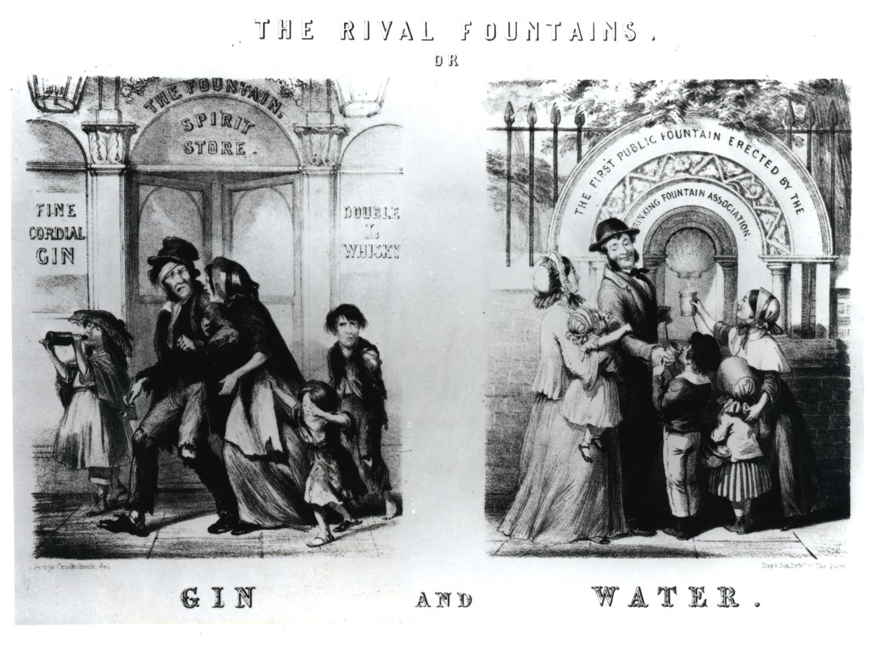 De Rivaliserende Fonteinen of Gin en Water door George Cruikshank