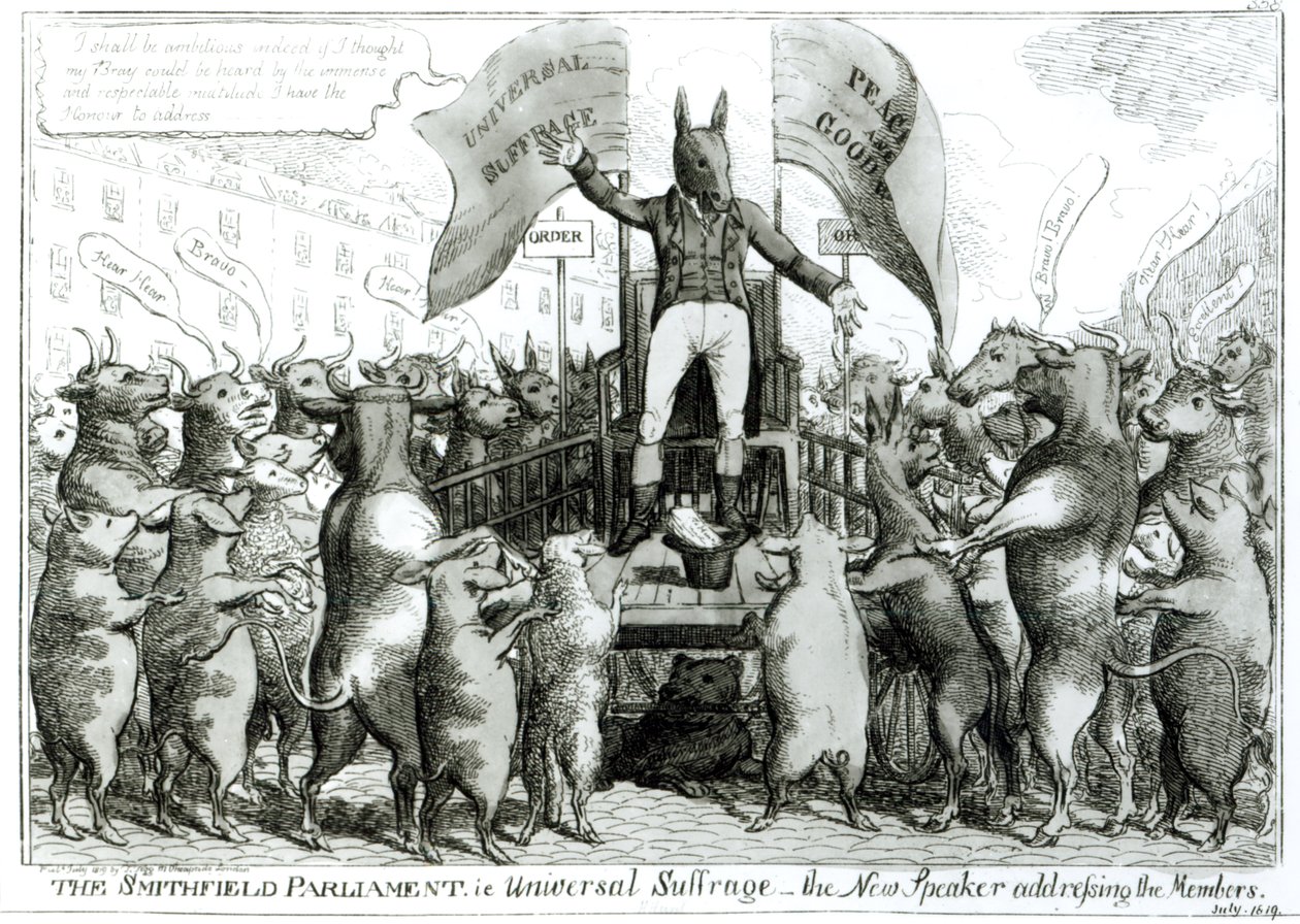 Het Smithfield Parlement: Algemeen kiesrecht, gepubliceerd door Thomas Tegg, juli 1819 door George Cruikshank