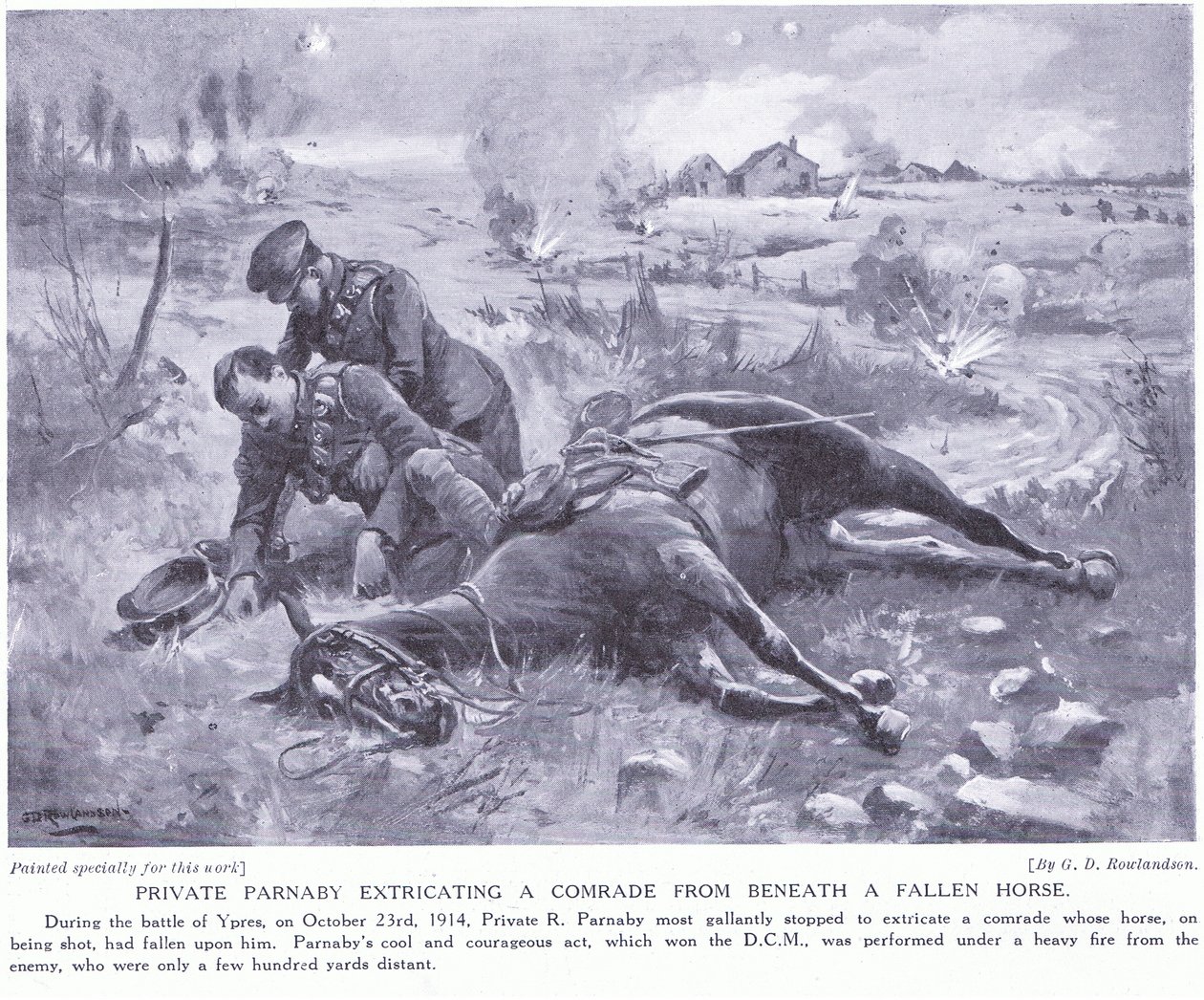 Soldaat Parnaby bekroond met DCM voor het redden van een kameraad onder een gevallen paard onder zwaar vuur, oktober 1914 door George Derville Rowlandson