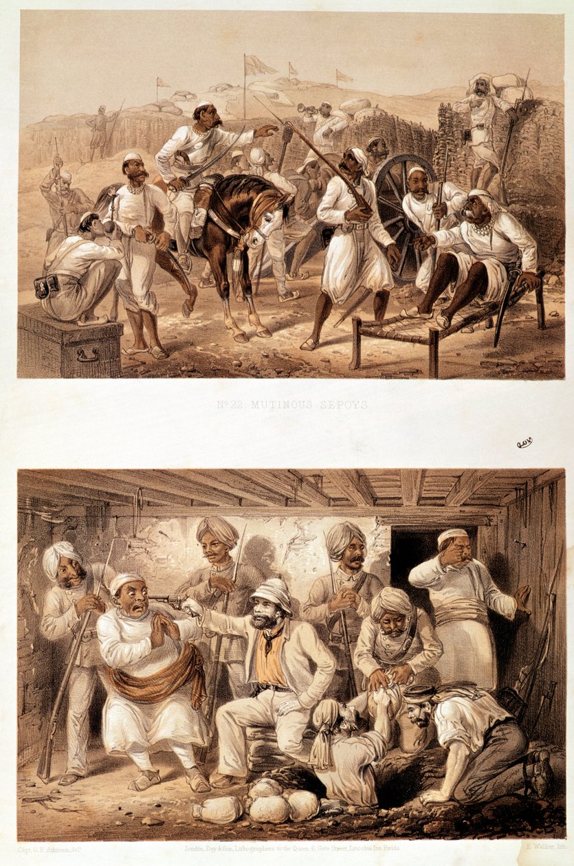 Twee scènes van de Indiase Muiterij in 1857 die opstandige sepoys en een Engelse agent tonen die schatten onttrekken na de bezetting van Delhi door George Francklin Atkinson
