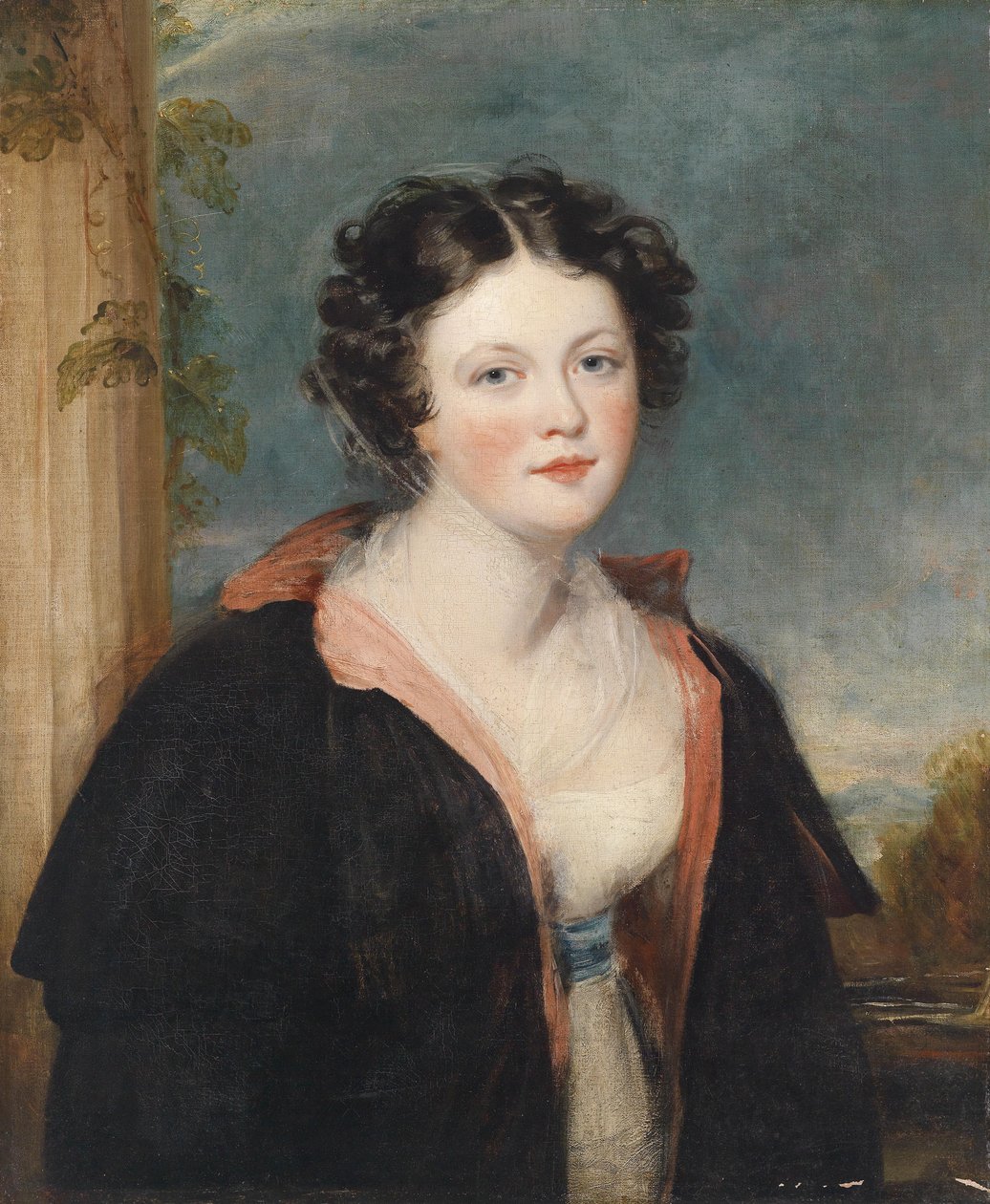 Portret van een jonge dame met een zwarte mantel door George Henry Harlow
