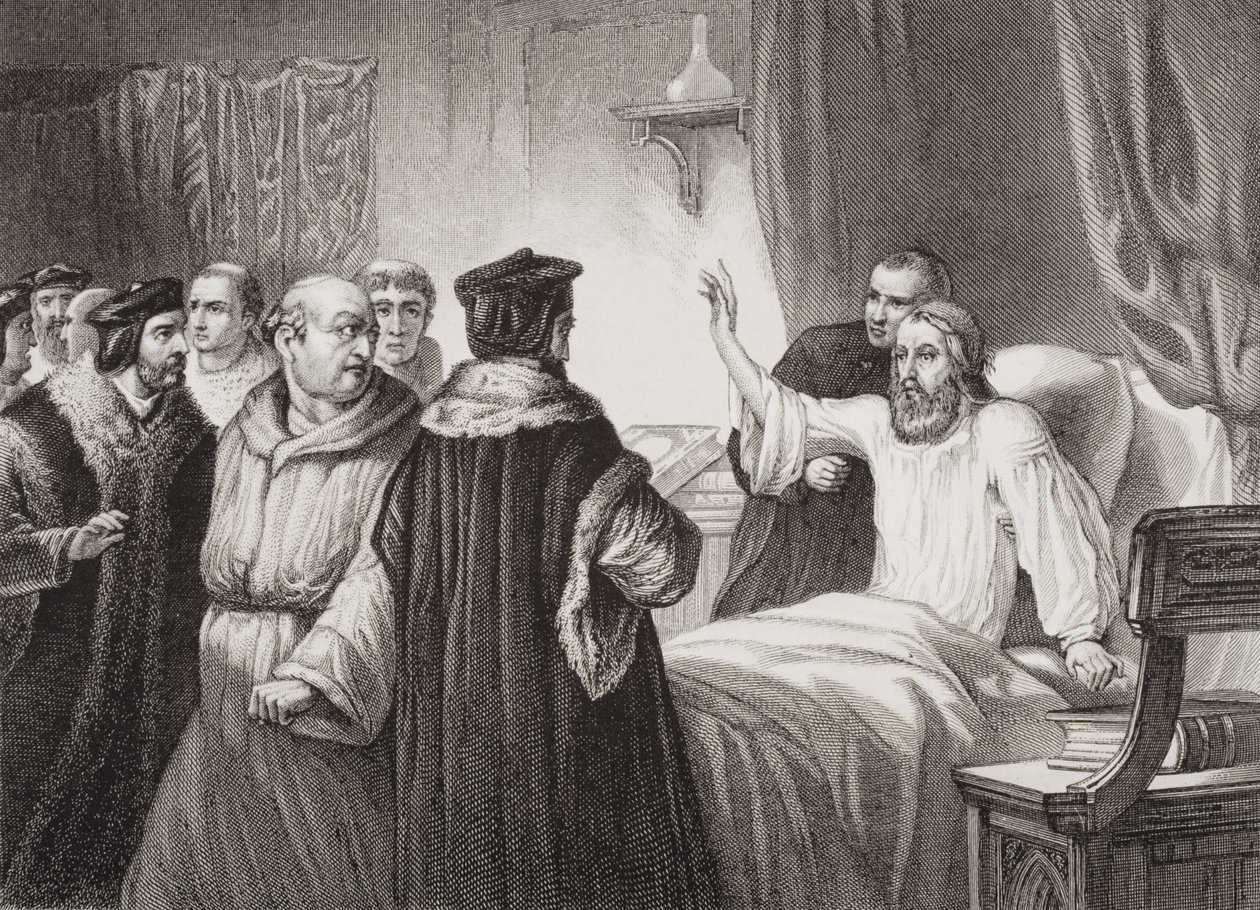 John Wycliffe (c.1330-84) op zijn ziekbed aangevallen door de monniken in Oxford, 1378, uit 