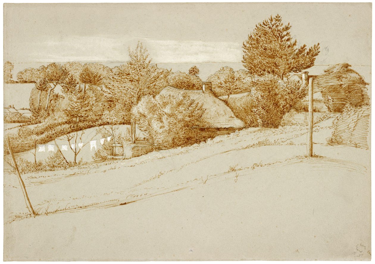 Boslandschap met een huisje door George Richmond