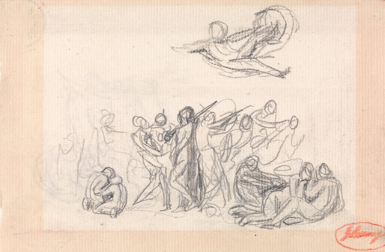 Groep figuren, met een vliegende figuur erboven door George Romney