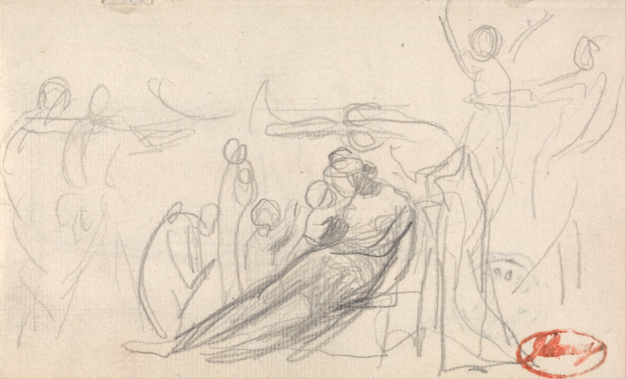 Liggende figuur met kinderen en andere figuren door George Romney