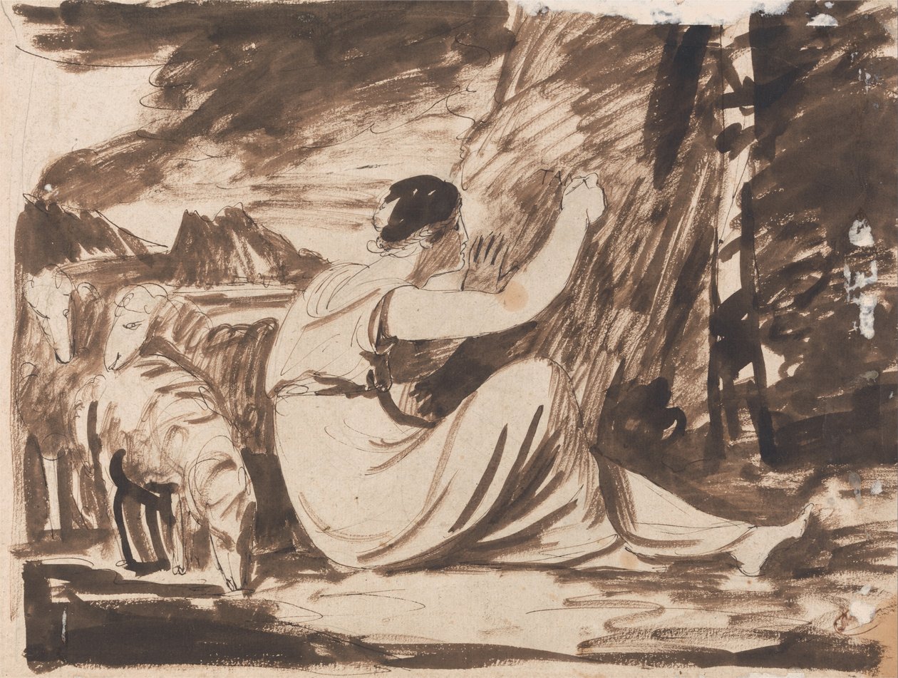Herderin die een inscriptie op een boom snijdt door George Romney