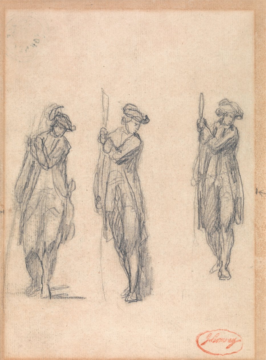 Drie schetsen van een man in uniform door George Romney