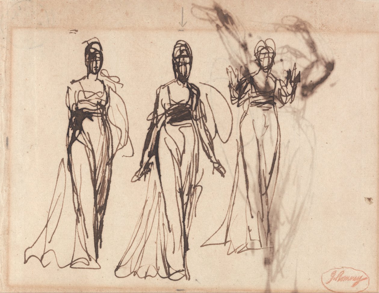 Drie studies van een staande vrouw, mogelijk Lady MacBeth door George Romney