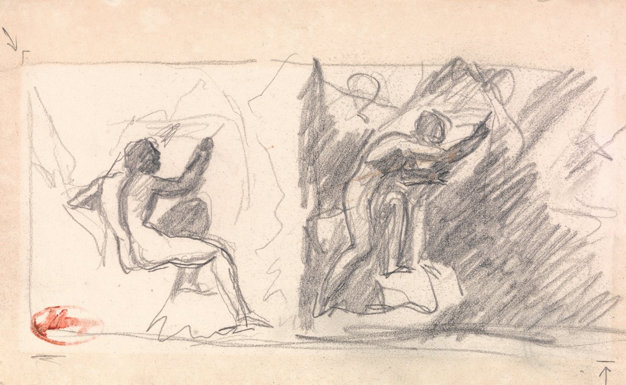 Twee Schetsen - Zittende Mannelijke Naakt, Achteraanzicht; Staande Figuur, Gebarend door George Romney