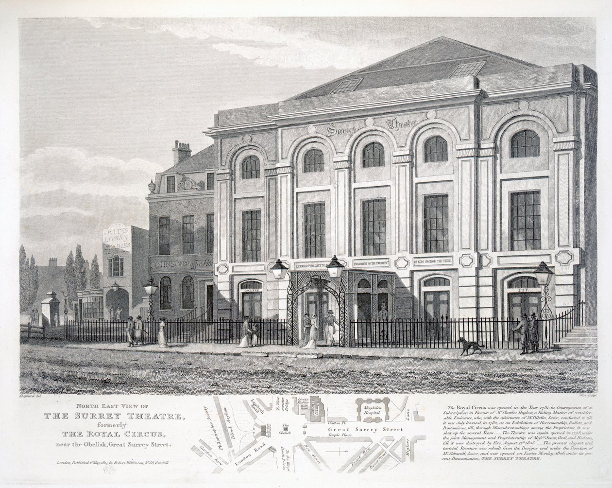 Noordoostelijk uitzicht op het Surrey Theatre, voorheen The Royal Circus, nabij de Obelisk, Great Surrey Street, gegraveerd door William Wise, uitgegeven door Robert Wilkinson, Londen door George Shepherd