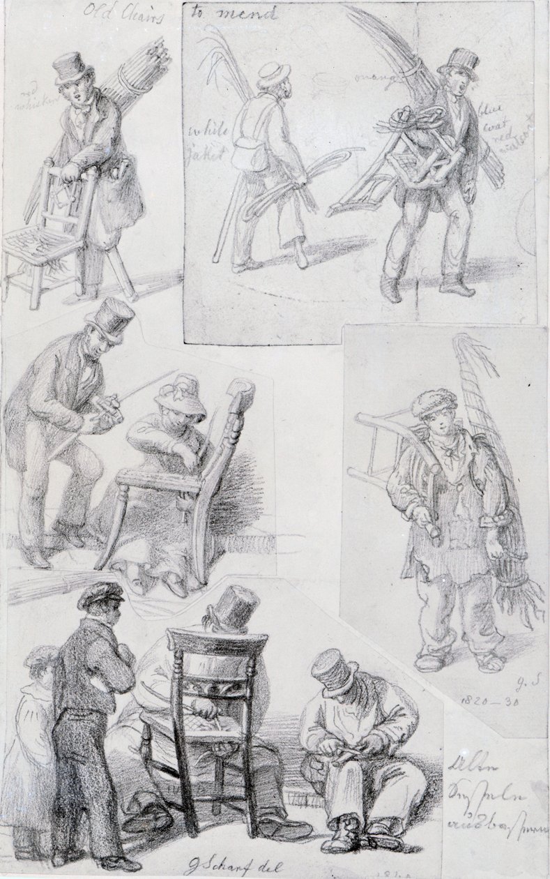 Stoelenmakers op de straten van Londen, 1820-30 door George Snr Scharf