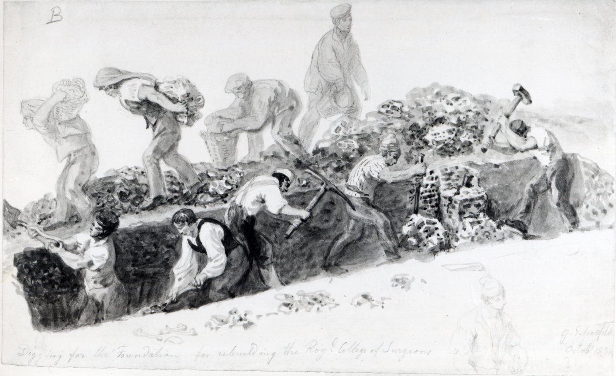 Een gat graven voor de fundamenten van het Royal College of Surgeons, 1834 door George Snr Scharf