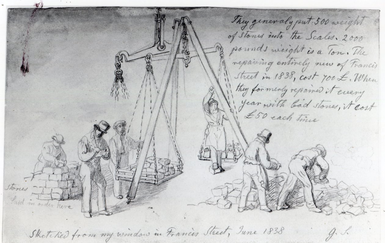 Stenen wegen op Francis Street, Londen, 1838 door George Snr Scharf