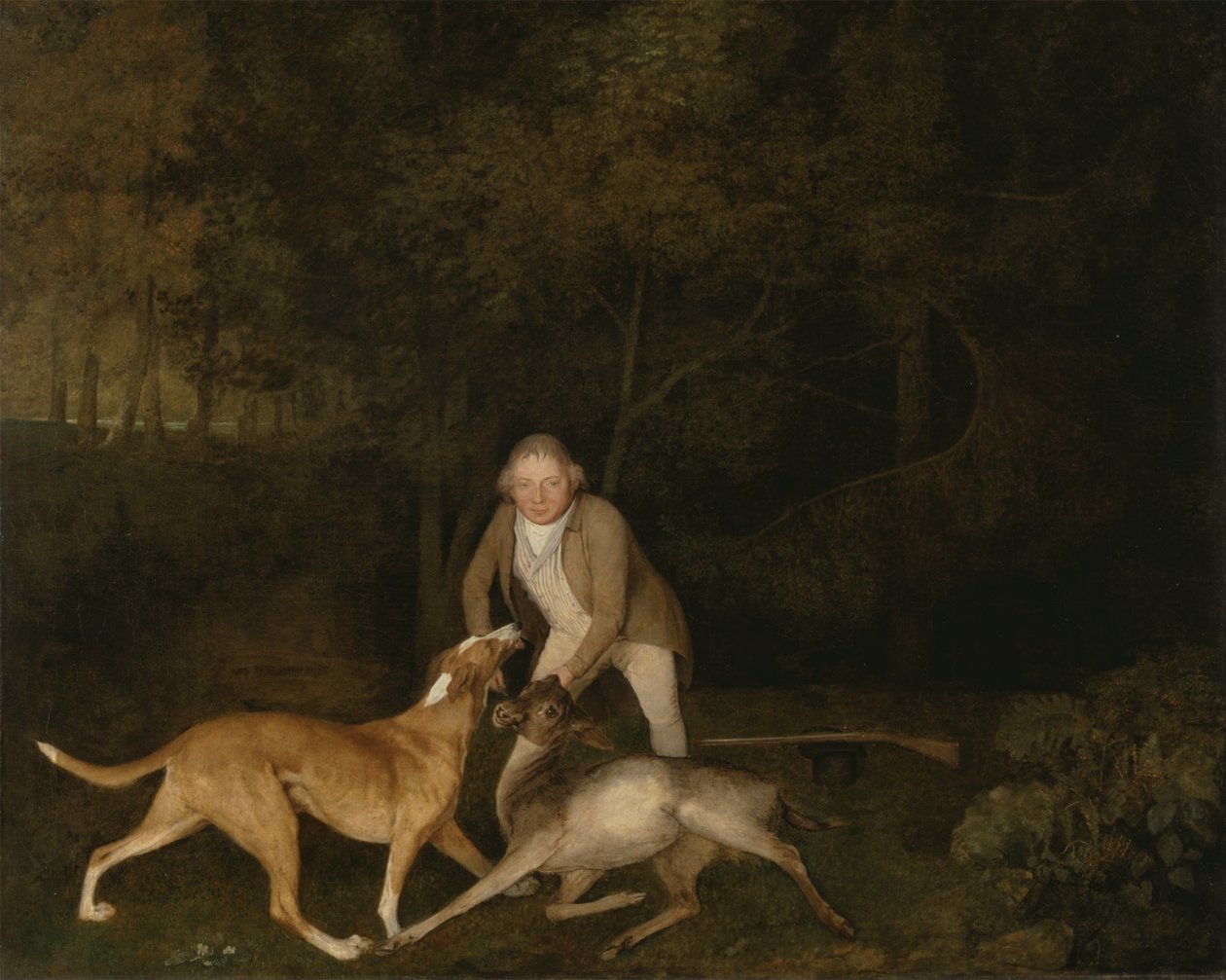 Freeman, de jachtopziener van de graaf van Clarendon, met een stervende hinde en hond door George Stubbs