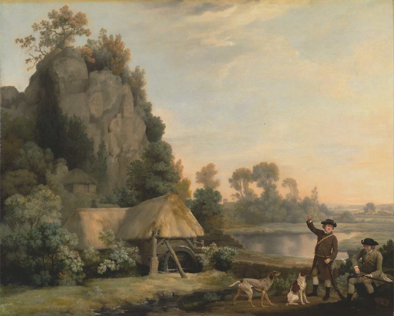 Twee heren gaan schieten, met een uitzicht op Creswell Crags, ter plaatse genomen door George Stubbs