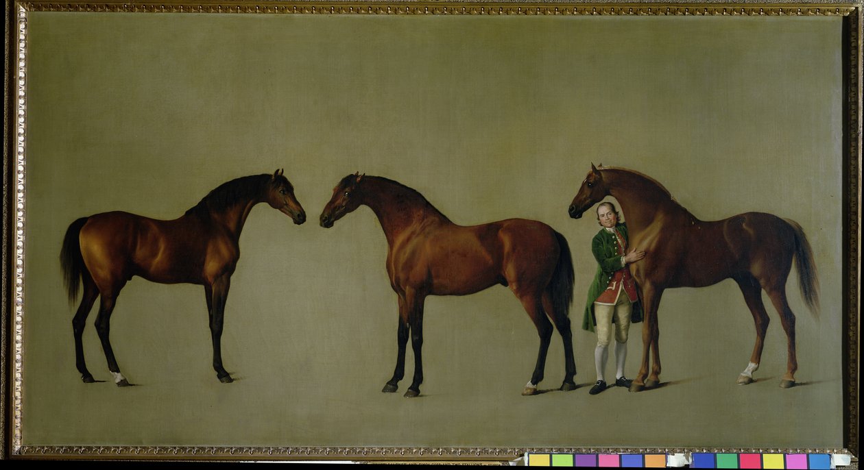 Whistlejacket en twee andere hengsten met Simon Cobb, de stalknecht, 1762 door George Stubbs