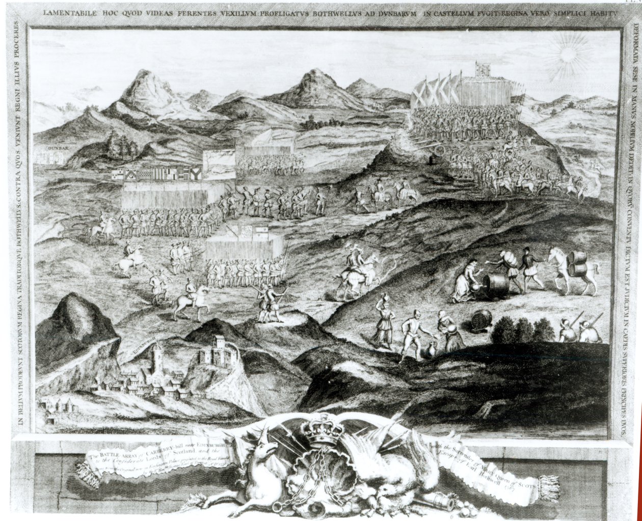 De slagorde van Carberry Hill nabij Edinburgh met de overgave van Mary, Queen of Scots aan de confederale heren van Schotland en de ontsnapping van graaf Bothwell in 1567, gegraveerd door de kunstenaar, 1743 door George Vertue