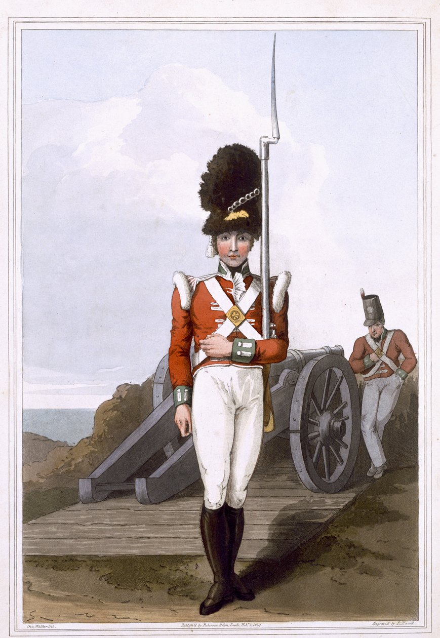 Grenadier van de Eerste West York Militie, gegraveerd door Robert Havell de Oudere, gepubliceerd 1814 door Robinson en Son, Leeds door George Walker